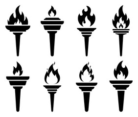 Set of burning torch icons in black silhouette style. Vector illustration of Olympic flames, fire torches, and ceremonial symbols. Perfect for sports, victory, strength, and freedom concepts. 