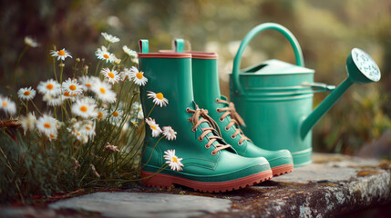 Banner gardening scene with green garden boots with a watering can placed near white daisies in an outdoor garden scene