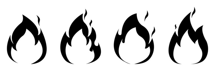 Set of black flame icons in various shapes. Fire symbol collection for graphic design, web, print, or app use. Flat fire silhouettes isolated on white background. Vector icons.