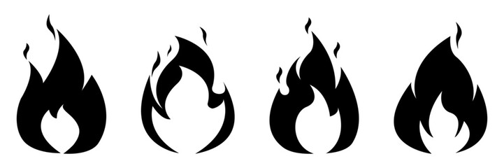 Set of black flame icons in various shapes. Fire symbol collection for graphic design, web, print, or app use. Flat fire silhouettes isolated on white background. Vector illustration.
