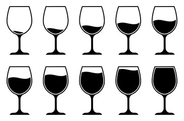 Set of black silhouette wine glasses showing liquid levels from empty to full. Vector illustration representing drink measurement, alcohol volume, consumption stages, or infographic design.