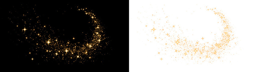 Festive orange sparkle, starburst, and shimmering fireworks on a black background. Glowing particles, warm light, and stardust create a luxurious PNG for holiday and New Year cards