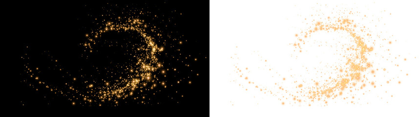 Golden twirl sparkle and glistering stardust overlay with confetti, stars, and warm shine on a transparent PNG. Bright festive explosion for luxury Christmas or New Year card decoration