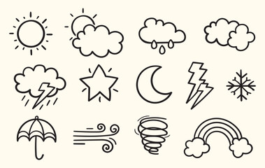 set of weather icon hand-drawn style, scribble doodle illustration with brush stroke, set of sign and symbol