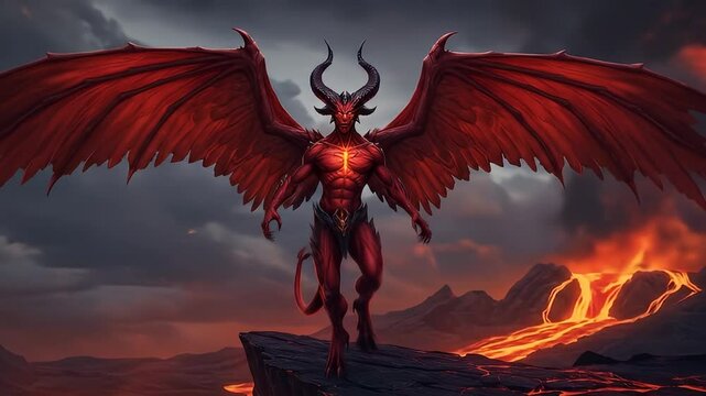 Powerful mythical figure above fiery volcanic landscape