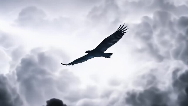 Powerful stormy sky with bird soaring through clouds and lightning