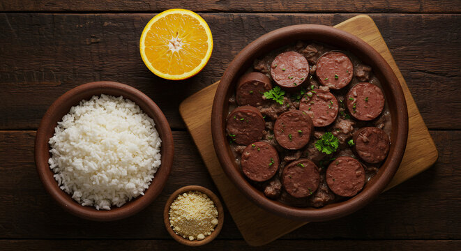 Feijoada tradicional servida em cumbuca de barro com arroz branco, farofa e laranja em prato de apoio