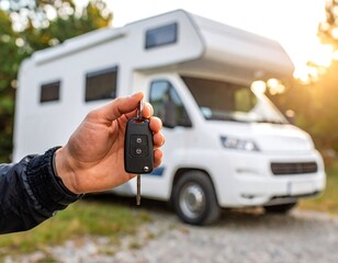Hand holding key to a large white camper van outdoors