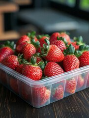 Fresh strawberries in plastic containers at summer market stand. Berry harvest ready for sale. Farmer market display. Image for banner, poster. Close-up market view