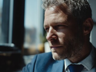 A pensive portrait of a businessman, bathed in sunlight streaming through an office window. His serious expression hints at deep thought and contemplation, reflecting the challenge