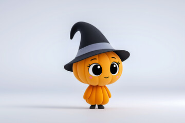 Adorable pumpkin character in a black wizard hat, smiling and posing joyfully, representing Halloween spirit and festive fun in a vibrant and playful design