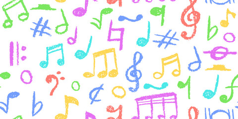 Seamless pattern of charcoal scribble music notes. Vector illustration of a cute childish music school pastel or wax pencil signs. Handwritten colorful pop doodles for fun, vibrant designs