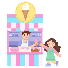 Illustration of a cheerful little girl buying ice cream