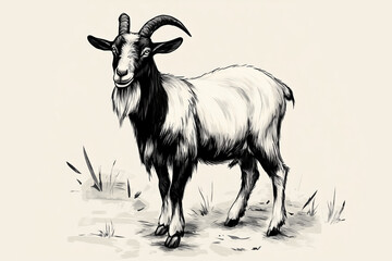 Fototapeta premium Goat. Vintage retro print, black white goat sketch ink pencil style drawing, engrave old school. Sketch artwork silhouette goat, white background. Side view profile. Illustration