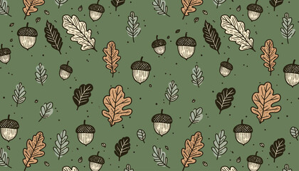 seamless vector pattern of acorn and leaves in doodle style design © ArtCommercial