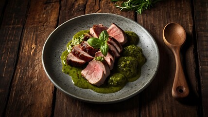 seared meat, peppery sauce, creamy mash, rustic wooden background