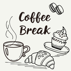 Coffee Break Doodle: Coffee, Croissant, Cupcake, Macarons