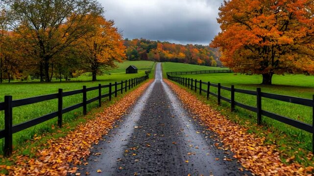 Autumnal Country Road: A picturesque view of a gravel road lined with vibrant fall foliage, leading through a serene countryside landscape.