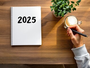 Open notebook with 2025 text, hand holding pen, coffee cup, and plant on wooden desk in natural light, concept of future planning, Ai generative