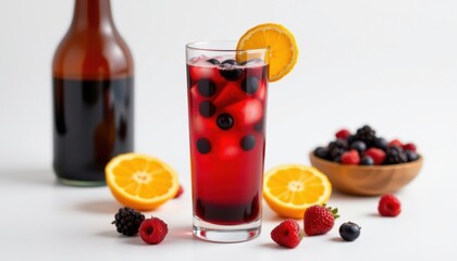 A refreshing mixed berry cocktail with orange slices. The drink is in a tall glass, and there are fresh berries around