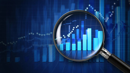 Magnifying glass focusing on upward trending bar graph data analysis