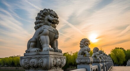 Fototapeta premium Majestic Chinese Guardian Lions on Ornate Bridge at Sunset.