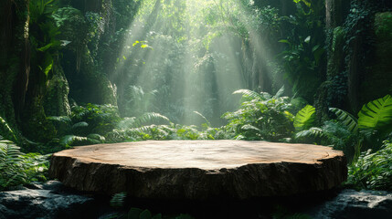 Organic tree slice tabletop with soft sunlight and a lush jungle backdrop for a natural and serene outdoor display