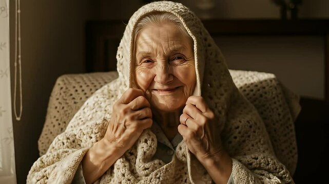 Senior woman wearing crocheted shawl portrait indoor emotional warm soft light and comfortable atmosphere