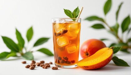 Fototapeta premium A refreshing iced tea drink served with mango and fresh mint leaves. The glass is filled with ice cubes and topped with mint leaves, sitting beside sliced mango