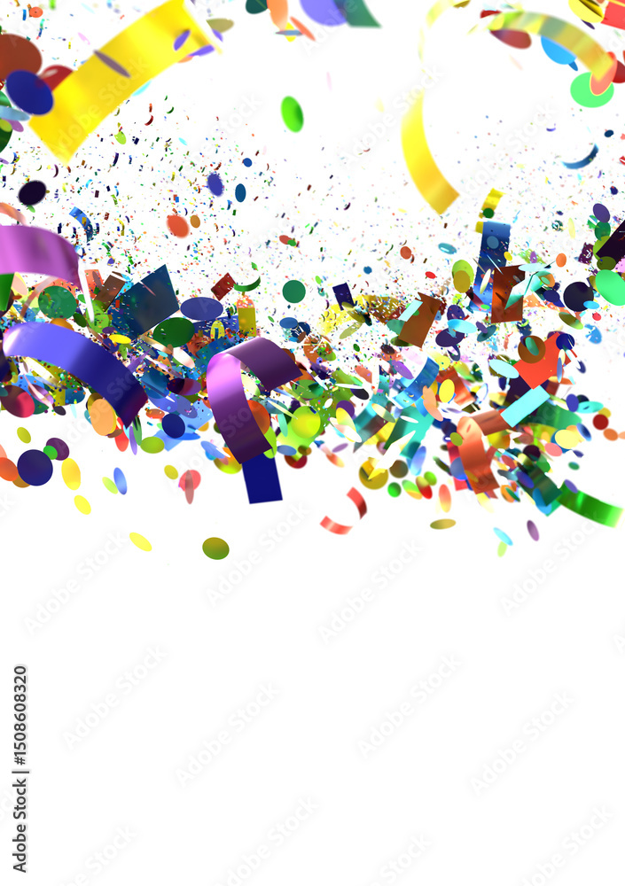 Aufkleber a festive background featuring a colorful explosion of confetti and ribbons on a white background.
