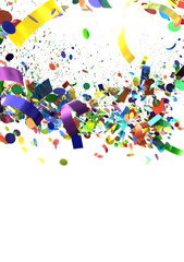Fototapeta premium A festive background featuring a colorful explosion of confetti and ribbons on a white background.