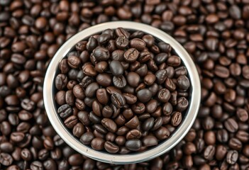 Fototapeta premium Silver bowl brimming with dark roasted coffee beans on a bed of roasted beans, still life, macro