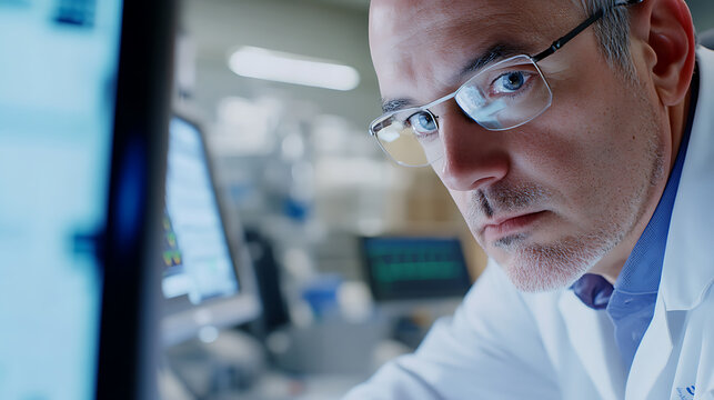 Scientist in Lab Coat Analyzing Data on Computer Screen - Powered by Adobe
