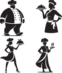 A collection of black and white silhouettes of chefs and servers holding food on trays and plates