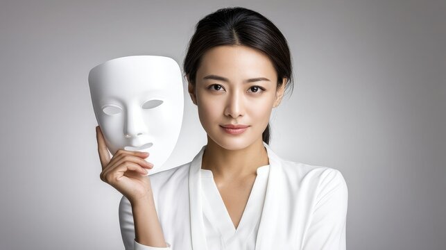 A woman in white holds a plain, white mask beside her face, symbolizing identity or revealing one's true self.