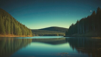 A Northern Landscape With A Calm Lake, Forest On Banks And A Large Hill In Distance On A Summer Night. With Empty Copy Space For Text