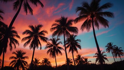 Obraz premium Sunset silhouette of palm trees with empty copy space for text