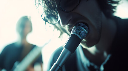Musician Performing with Microphone Close-Up