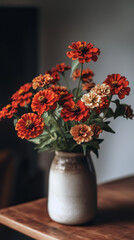 Obraz premium Closeup of cozy vase with zinia flowers