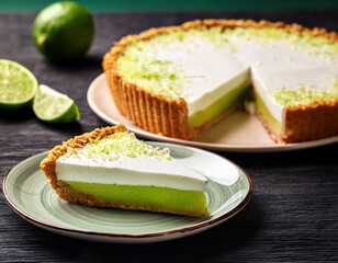 Slice of lime pie sits on a plate, next to the rest of the pie, with lime zest on top, ready to be enjoyed on a dark wooden table.