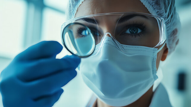 Scientist in protective gear examining a small object closely - Powered by Adobe
