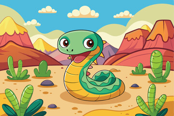 Cartoon green snake reptile character in desert, forest, and sand nature illustration