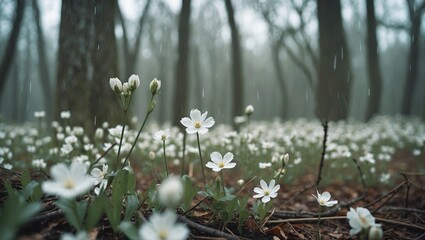 Small and pretty white flowers blooming in the woods on a rainy day with empty space for text