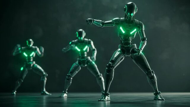 Three robotic figures dancing with glowing green lights in dark space  