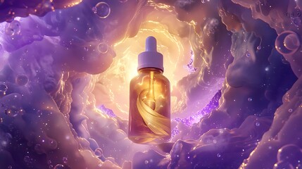 Surreal hair serum bottle mockup levitating within a luminous vortex of liquid gold surrounded by weightless swirling nebula clouds in shades of pearl and violet