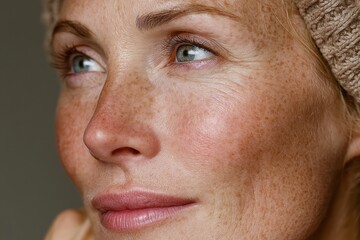 Fototapeta premium Close-up of mature woman's freckled face with natural expression and soft lighting. mature woman's face with visible freckles and wrinkles, natural skin texture, concept of aging and beauty