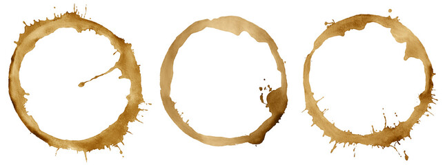 Round traces of brown paint or coffee. Circle paint marks with splashes isolated on transparent background