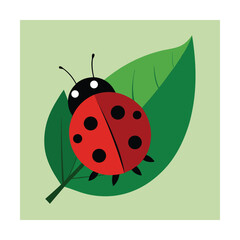 Obraz premium Colorful cartoon illustration of a ladybug resting on a vibrant green leaf.
