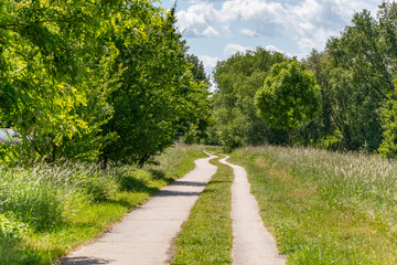 Curvy cycle and footpath in the countryside. A narrow, curvy path winds through a green meadow...