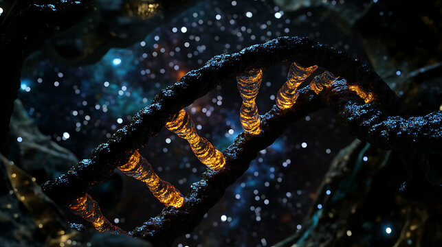 Illuminated DNA Strand Against a Cosmic Background